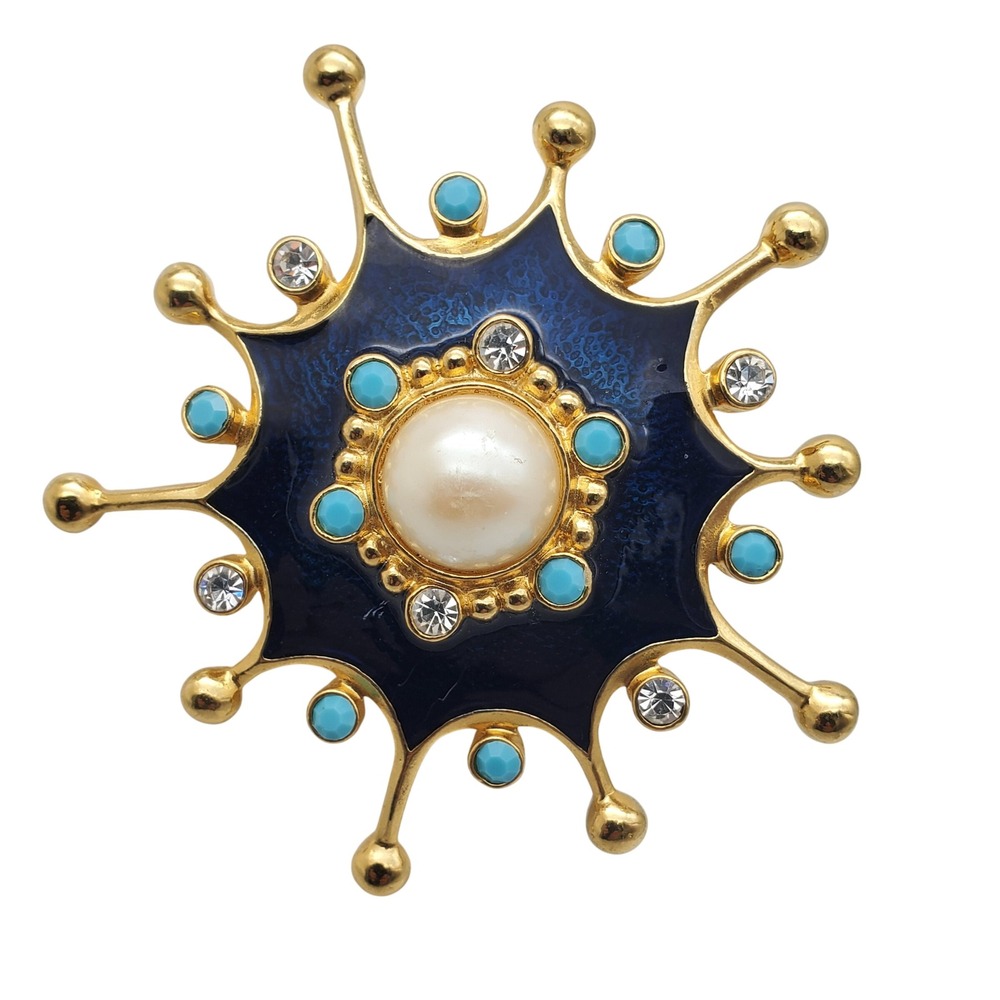 Barrera Avon Brooch Pendant Roman Holiday Blue‎ Enamel Faux Pearl Rhinestone Pin
